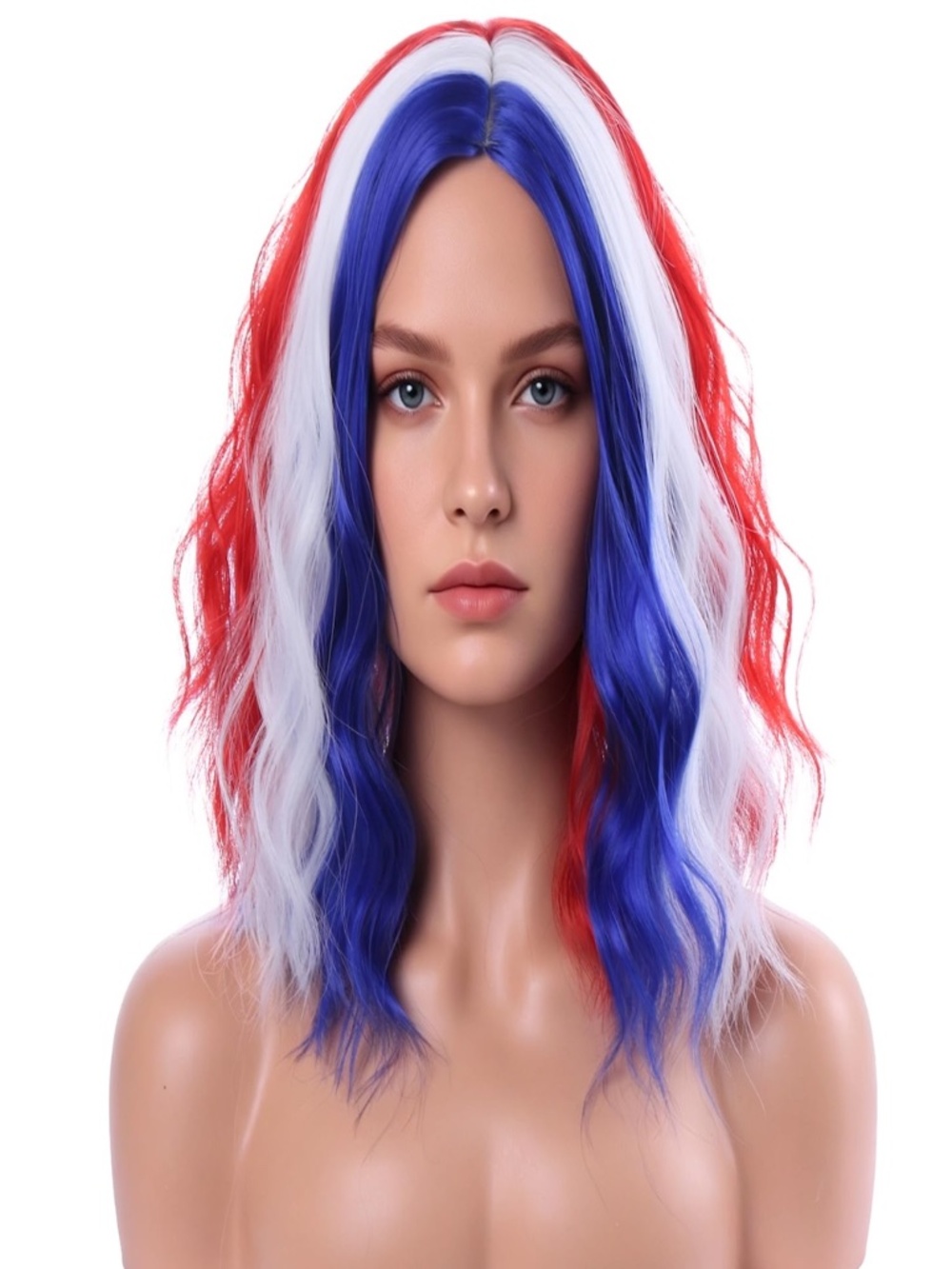 Red White Blue Wig Women Unisex Short Wavy Patriotic 4th of July Cosplay Cap